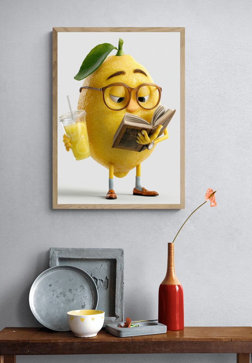 Reading Lemon Character Illustration Poster. — room view 3