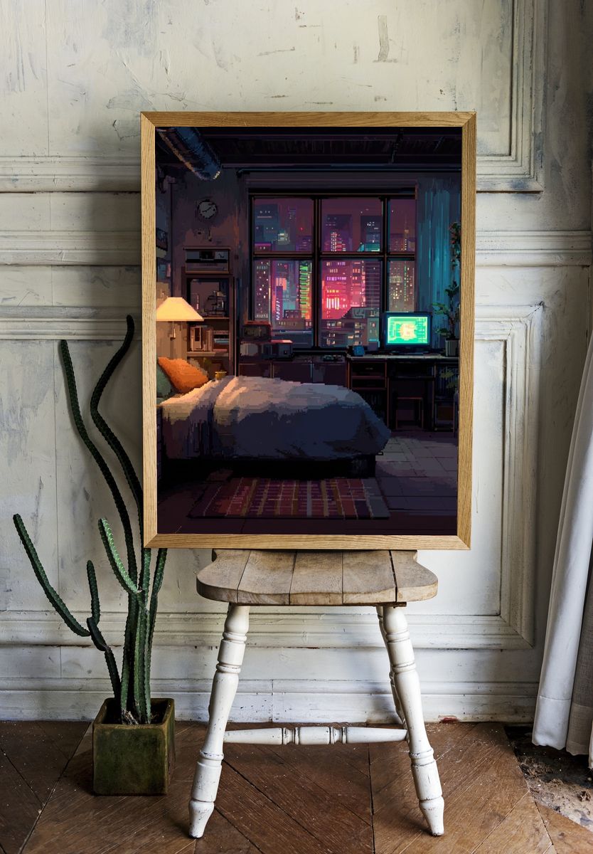 Neon City Bedroom Illustration Poster. — room view 1