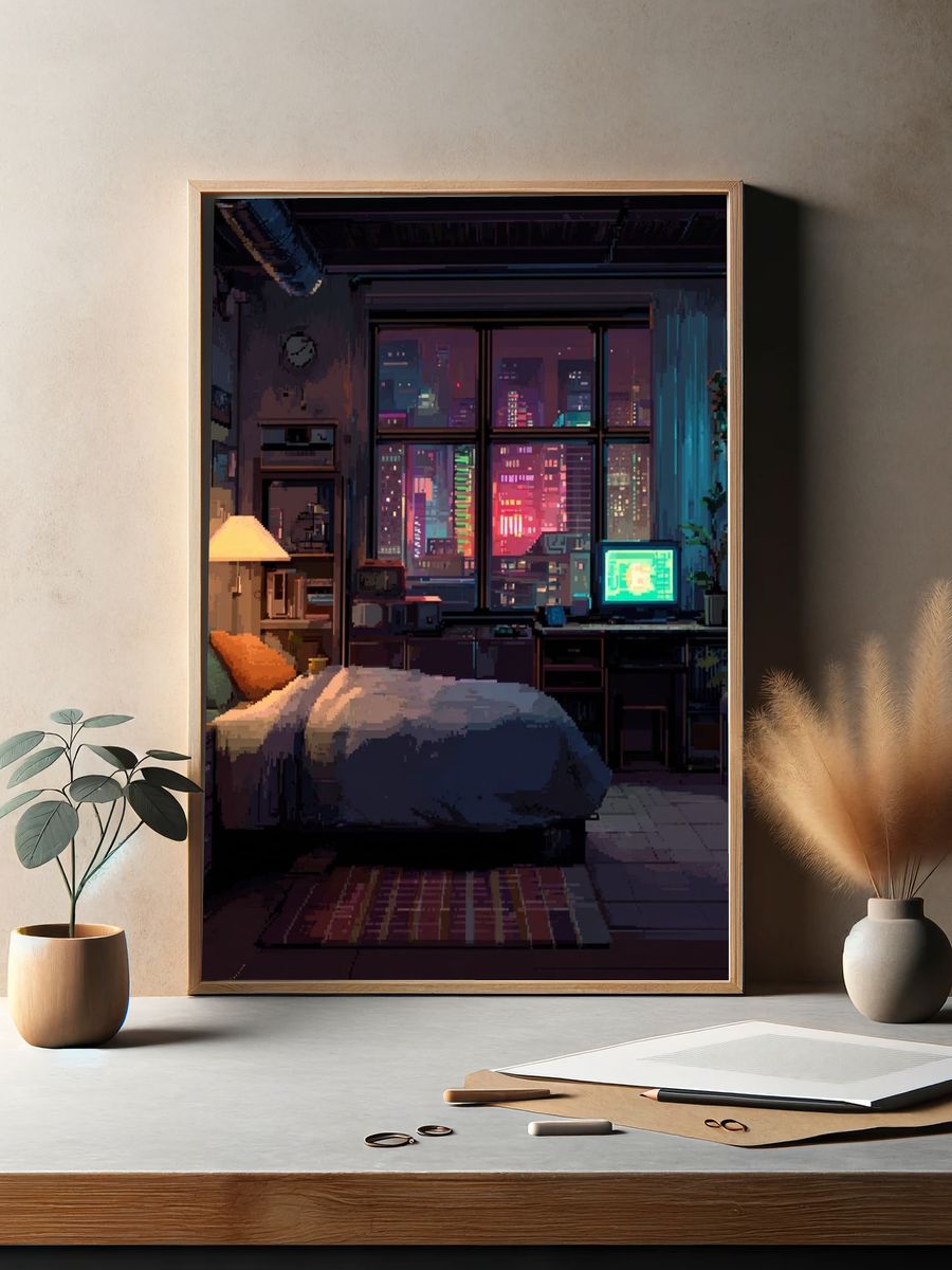 Neon City Bedroom Illustration Poster. — room view 2