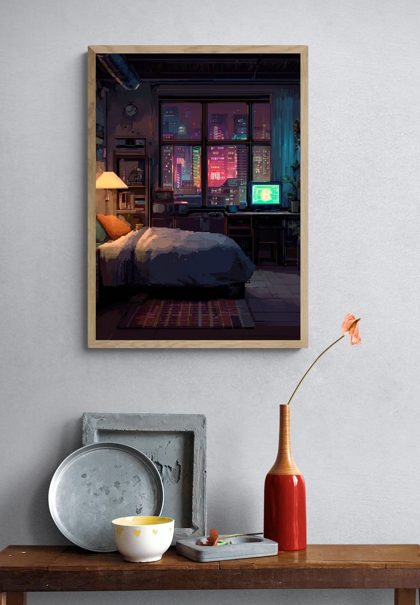 Neon City Bedroom Illustration Poster. — room view 3