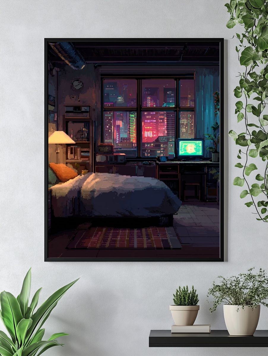 Neon City Bedroom Illustration Poster. — room view 4