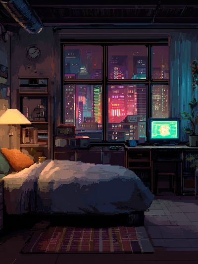 Neon City Bedroom Illustration Poster. poster print