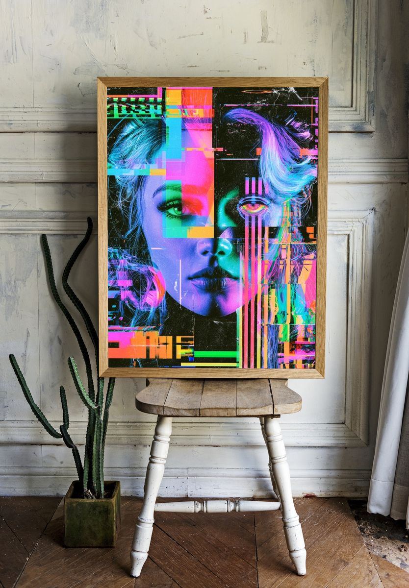 Glitch Portrait Neon Poster. room preview
