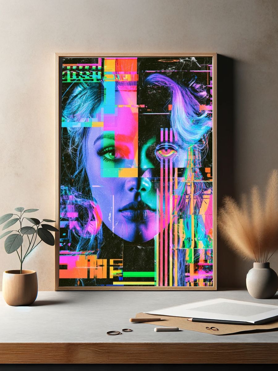 Glitch Portrait Neon Poster. — room view 2