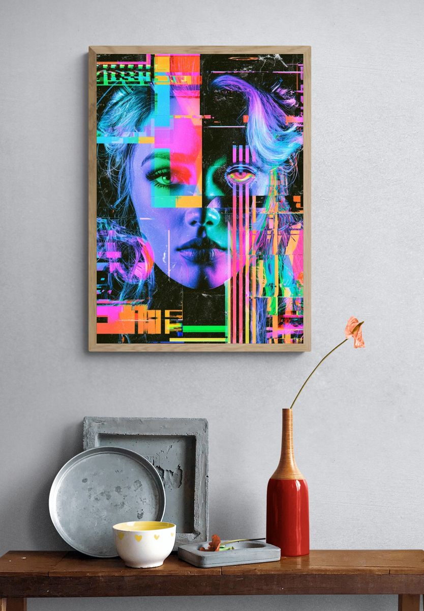 Glitch Portrait Neon Poster. — room view 3