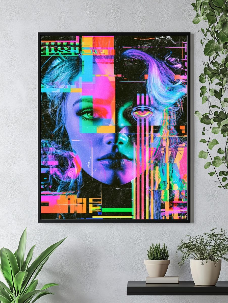 Glitch Portrait Neon Poster. — room view 4