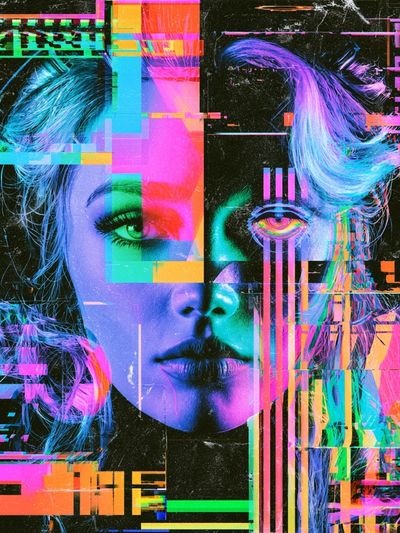 Glitch Portrait Neon Poster.