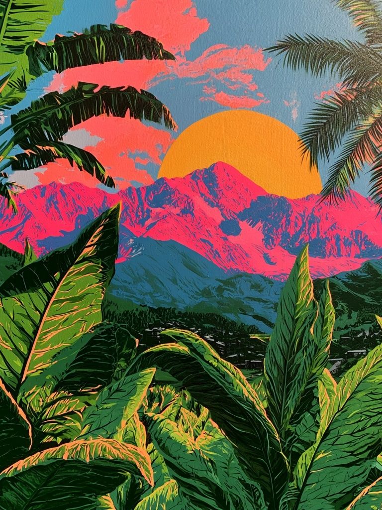 Tropical Sunset Mountains Illustration Poster. poster detail