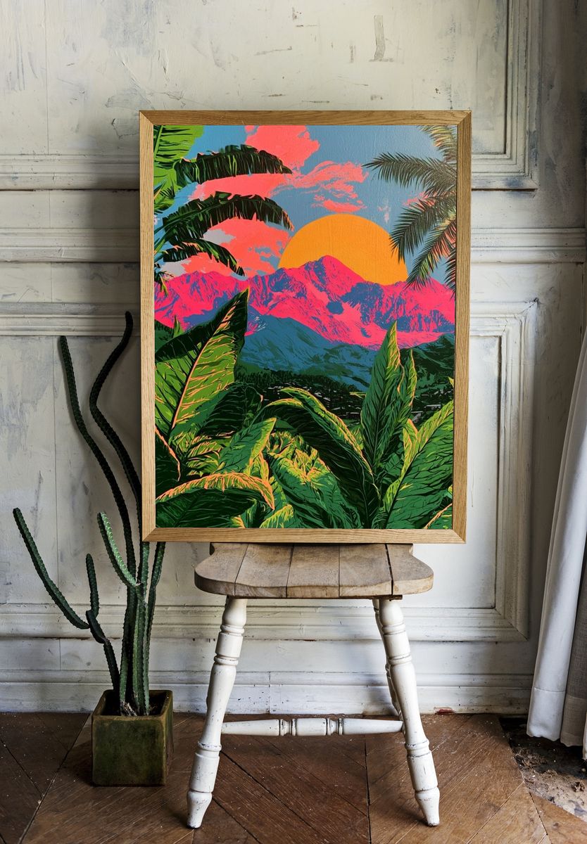 Tropical Sunset Mountains Illustration Poster. room preview
