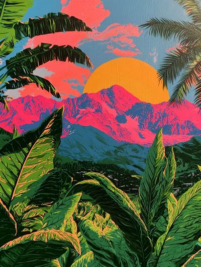 Tropical Sunset Mountains Illustration Poster.