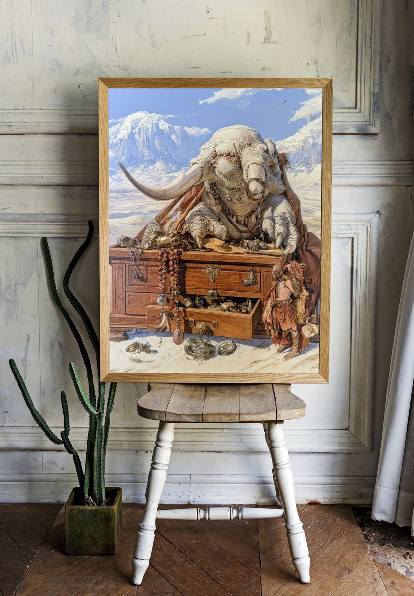 Desert Elephant Treasure Illustration Poster. room preview