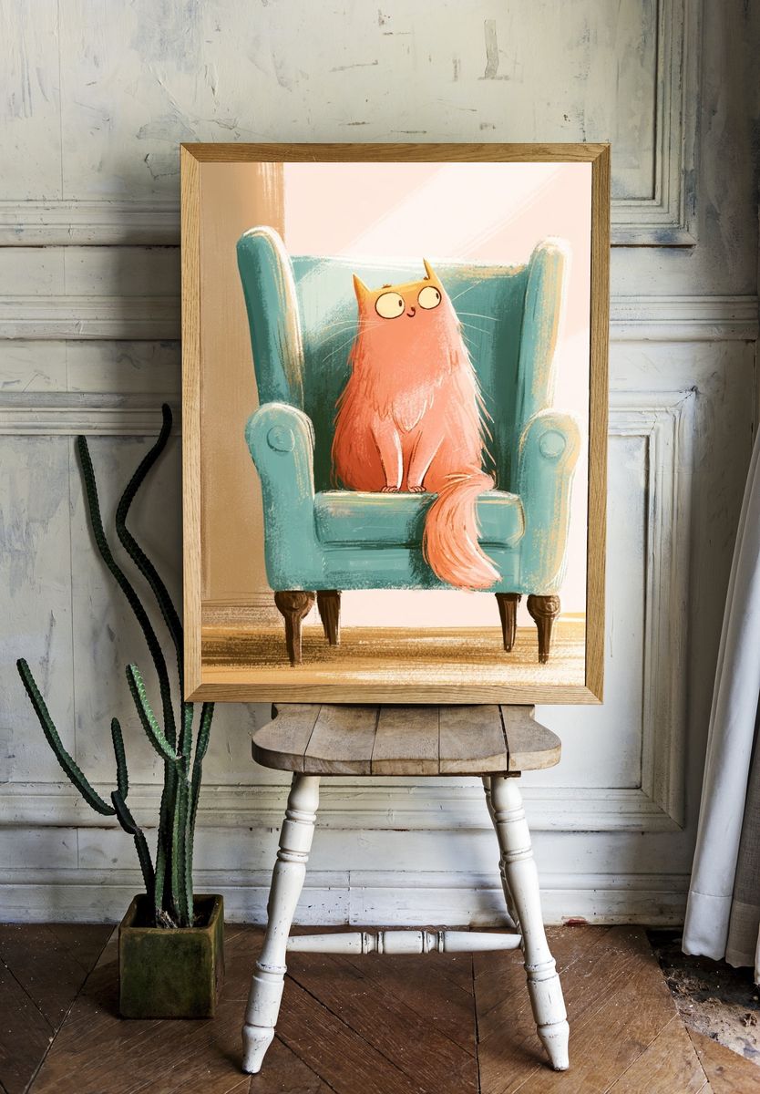Cat in Armchair Illustration Poster. room preview