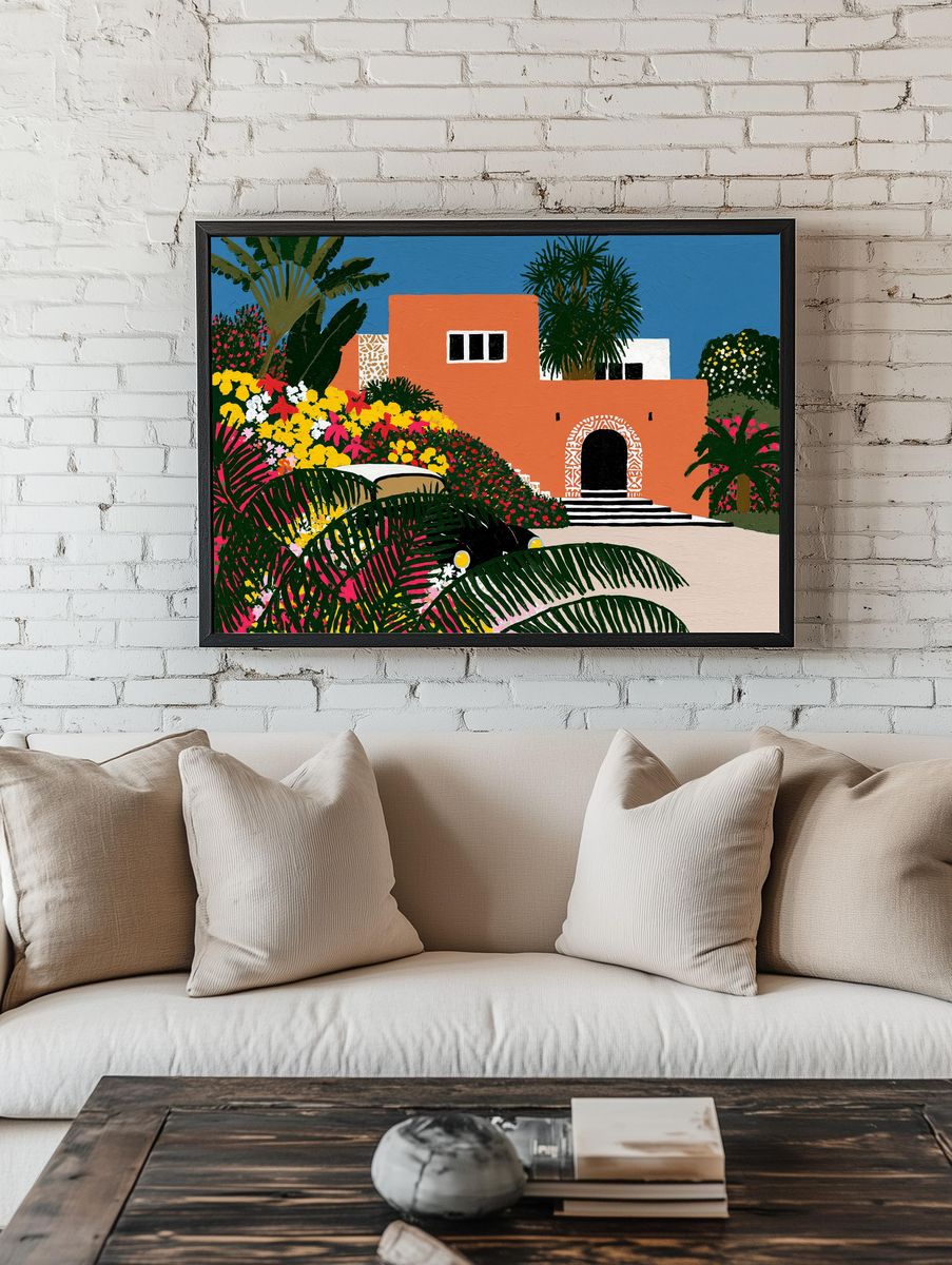 Tropical Villa Garden Illustration Print. room preview