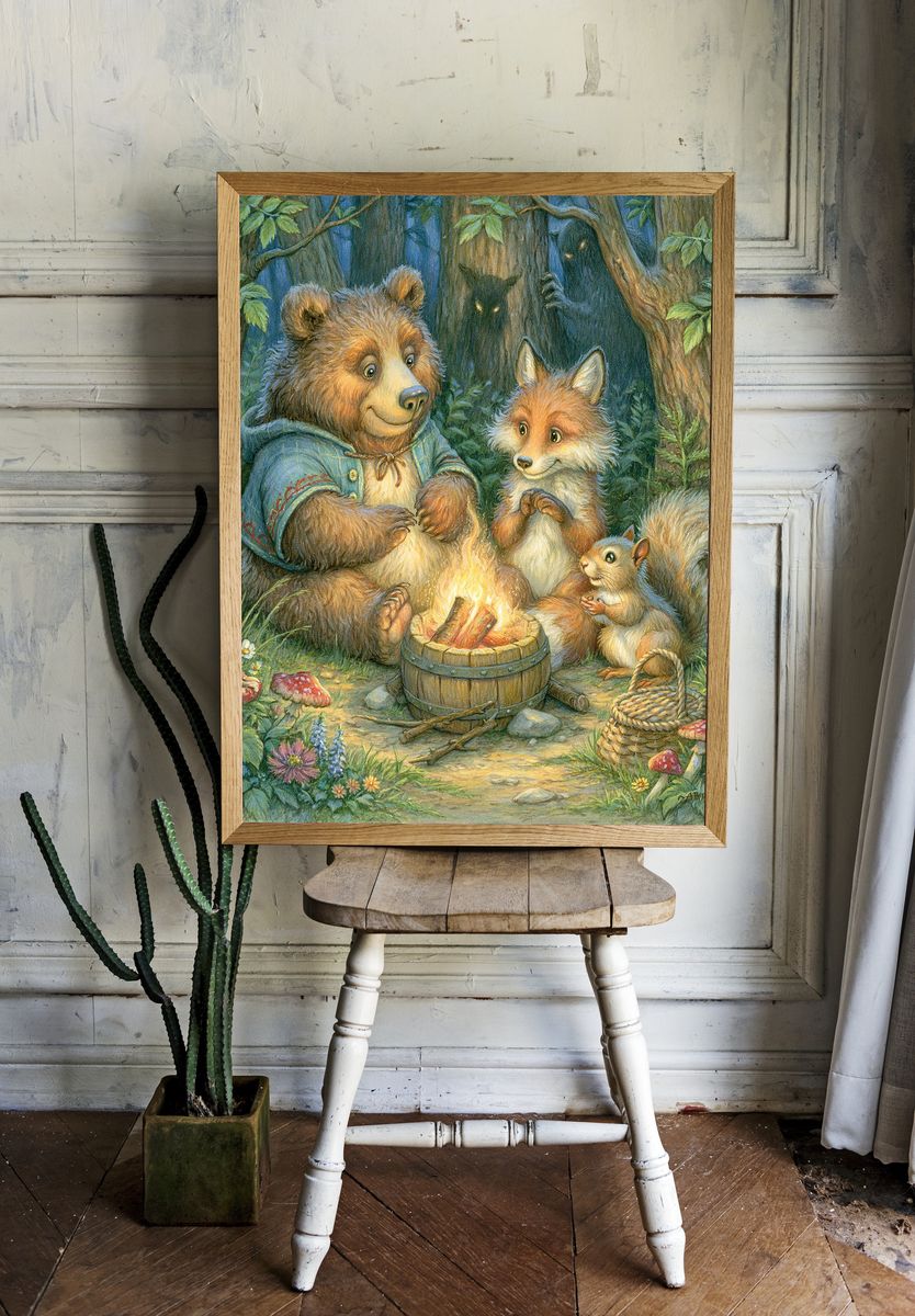 Forest Friends Campfire Illustration Poster. — room view 1