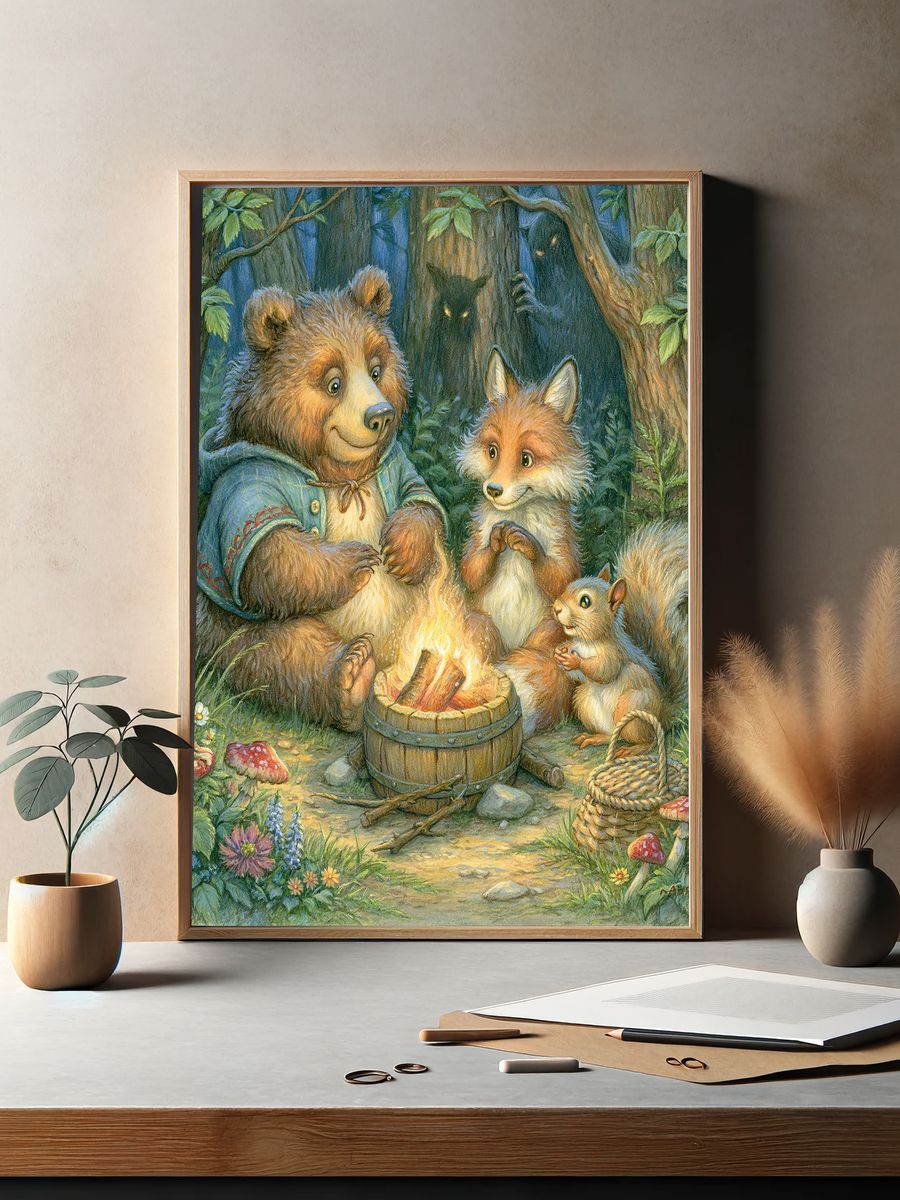 Forest Friends Campfire Illustration Poster. — room view 2