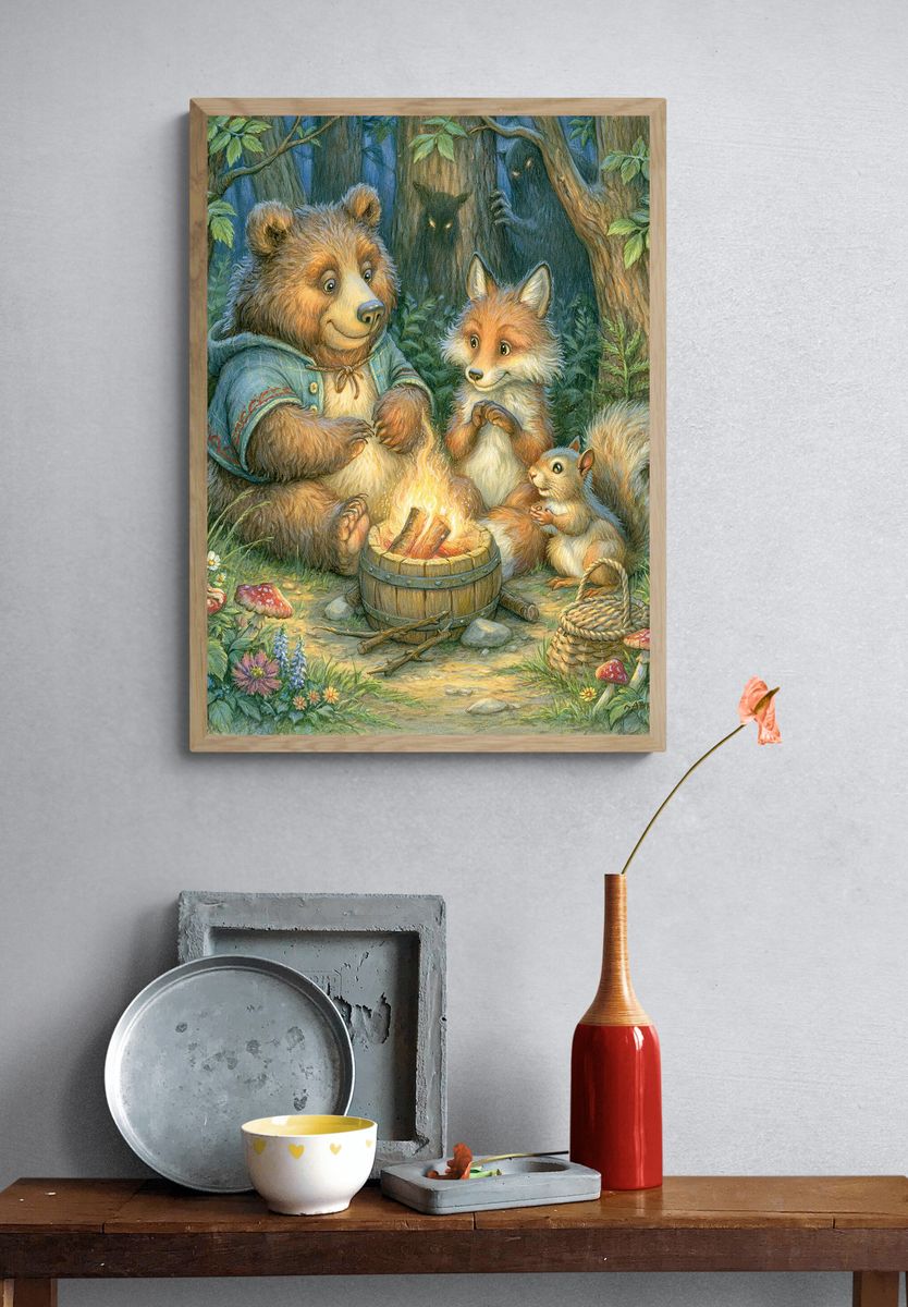 Forest Friends Campfire Illustration Poster. — room view 3