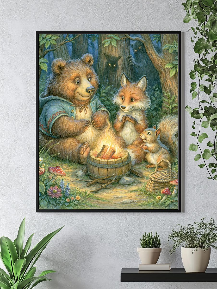 Forest Friends Campfire Illustration Poster. — room view 4