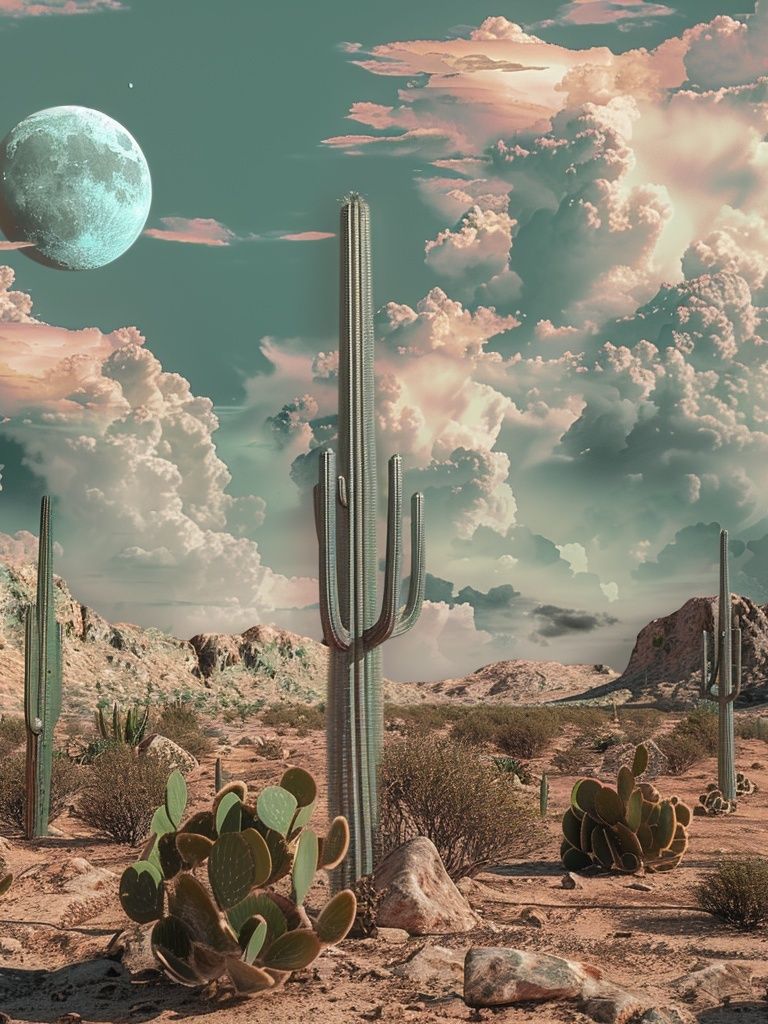 Surreal Desert Moon Cactus Poster. poster detail