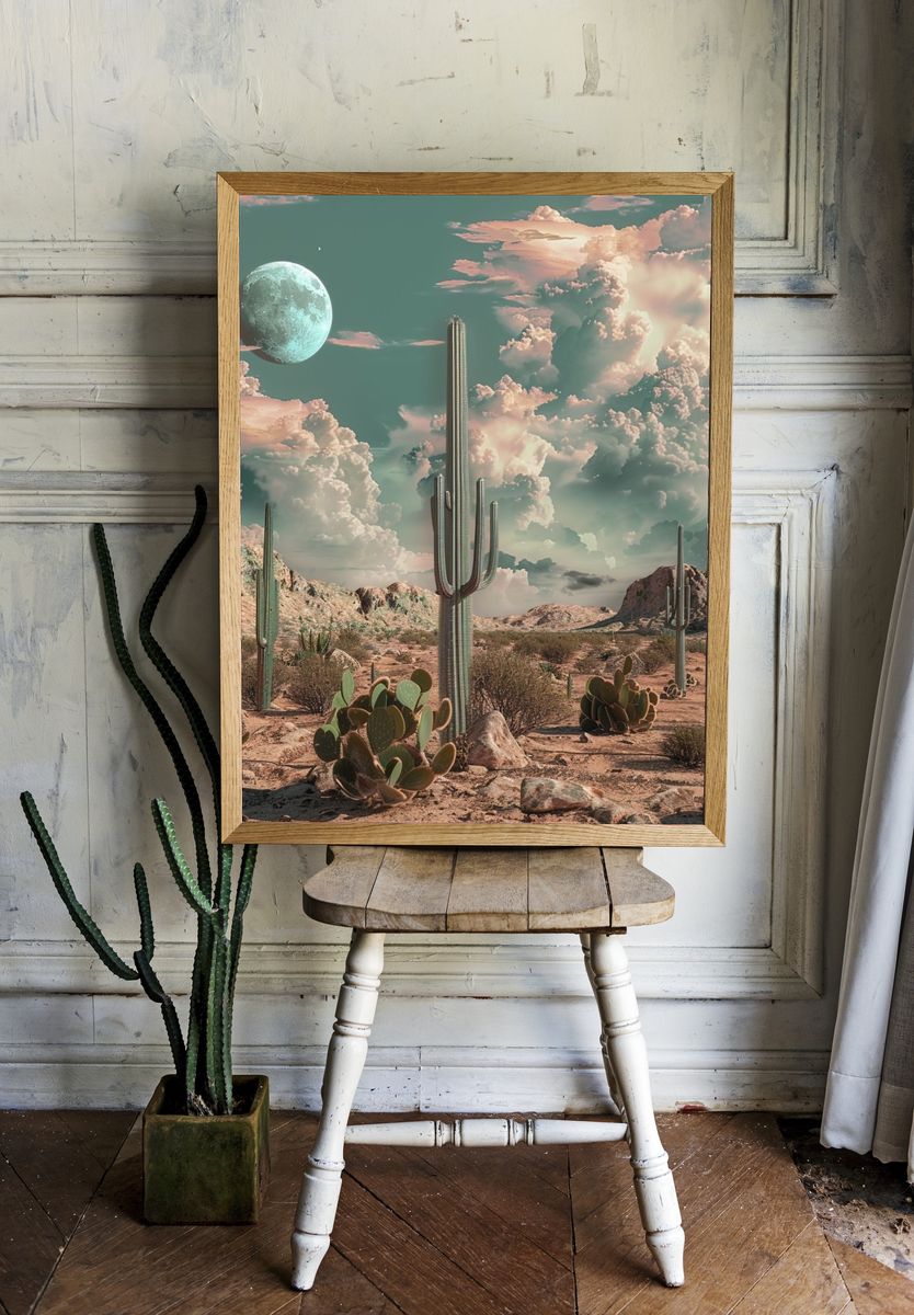 Surreal Desert Moon Cactus Poster. — room view 1