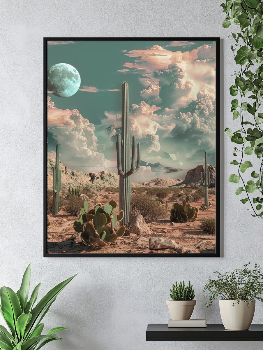 Surreal Desert Moon Cactus Poster. — room view 4