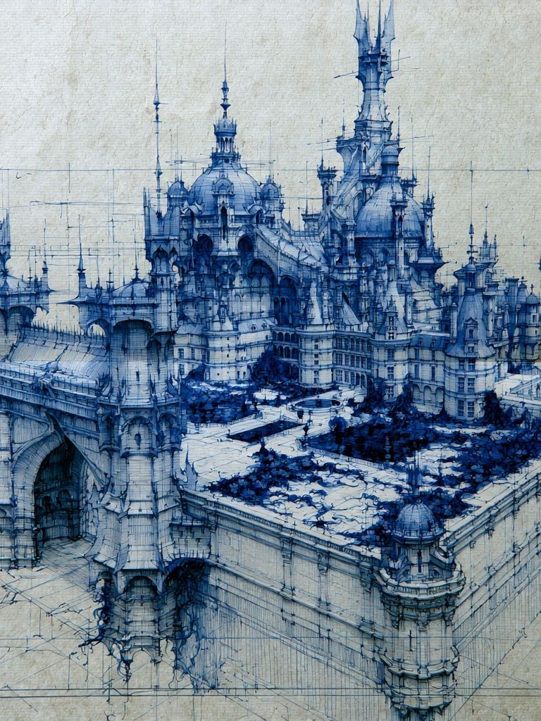 Blue Fantasy Castle Illustration Poster. poster — illustration art