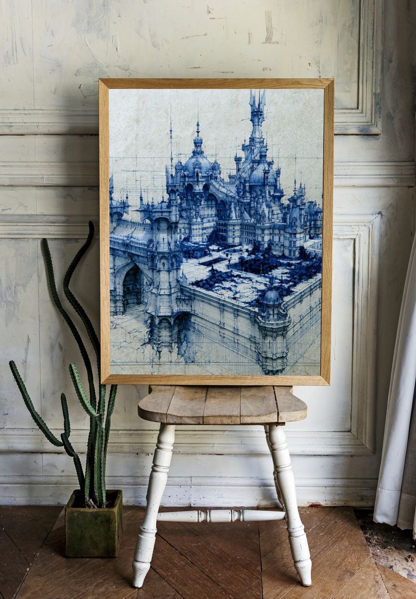 Blue Fantasy Castle Illustration Poster. room preview