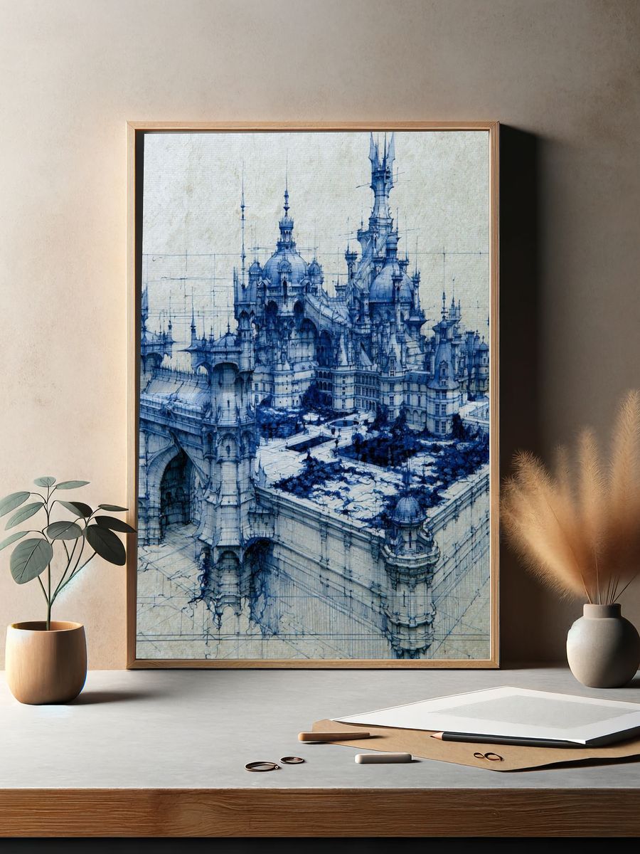 Blue Fantasy Castle Illustration Poster. — room view 2