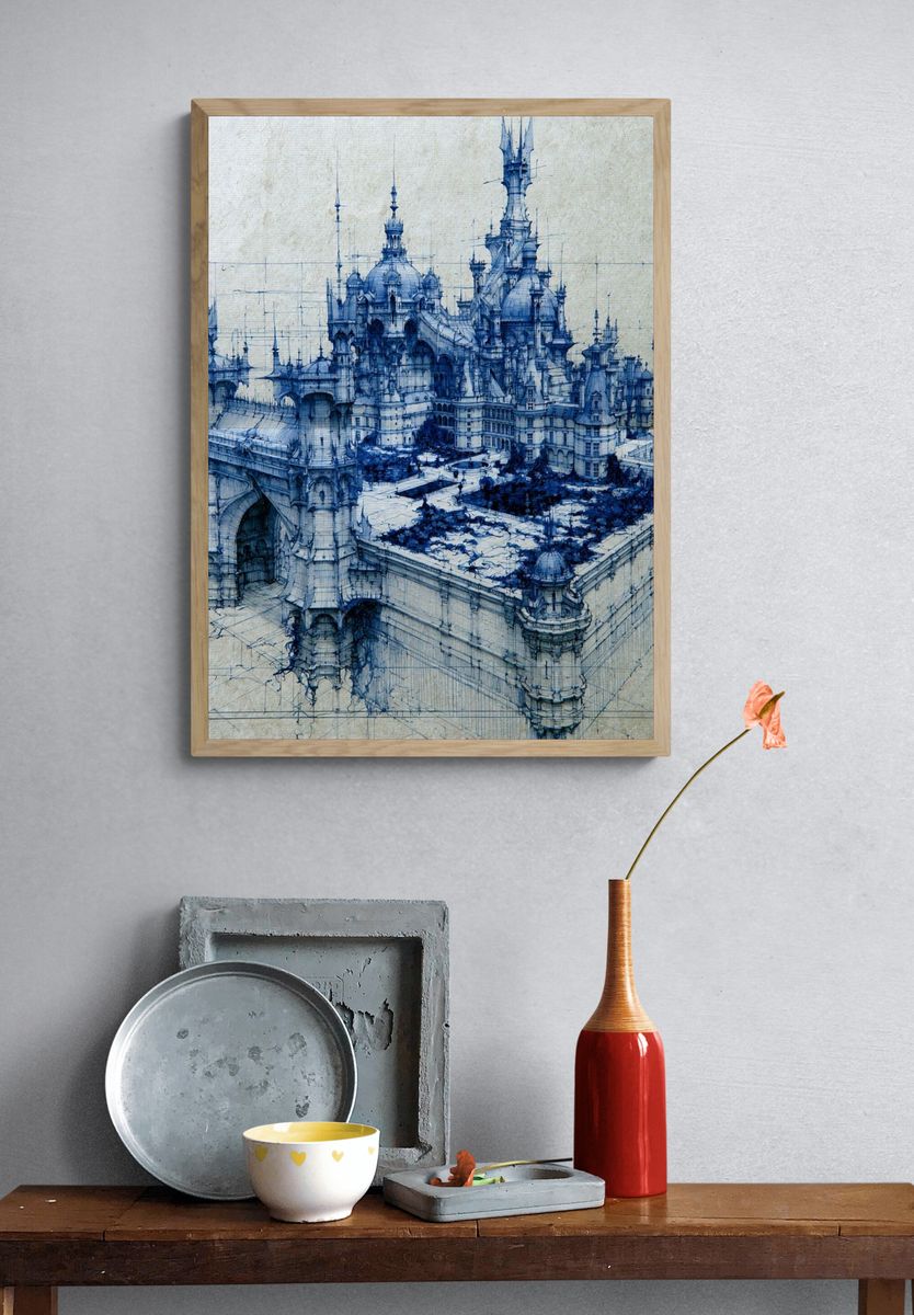 Blue Fantasy Castle Illustration Poster. — room view 3
