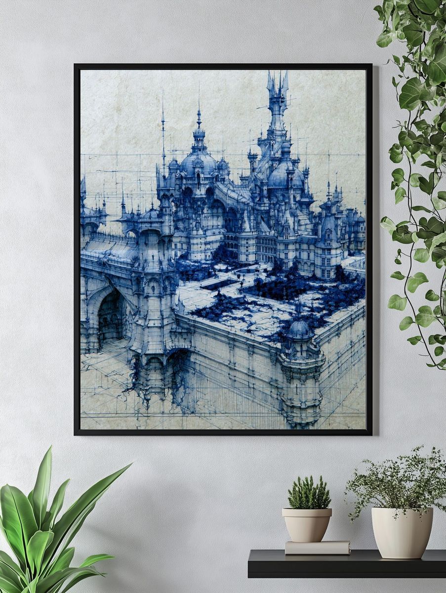 Blue Fantasy Castle Illustration Poster. — room view 4