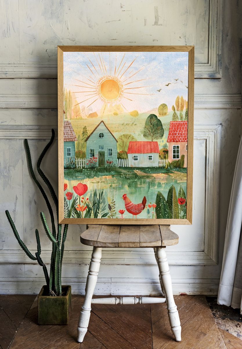 Sunny Village Watercolor Poster. room preview