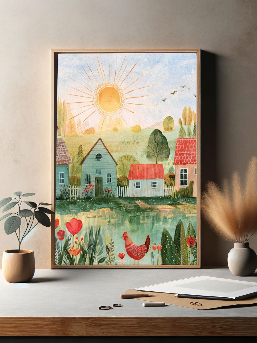 Sunny Village Watercolor Poster. — room view 2