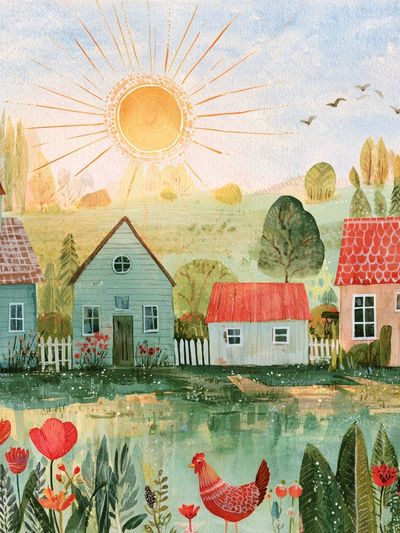 Sunny Village Watercolor Poster.