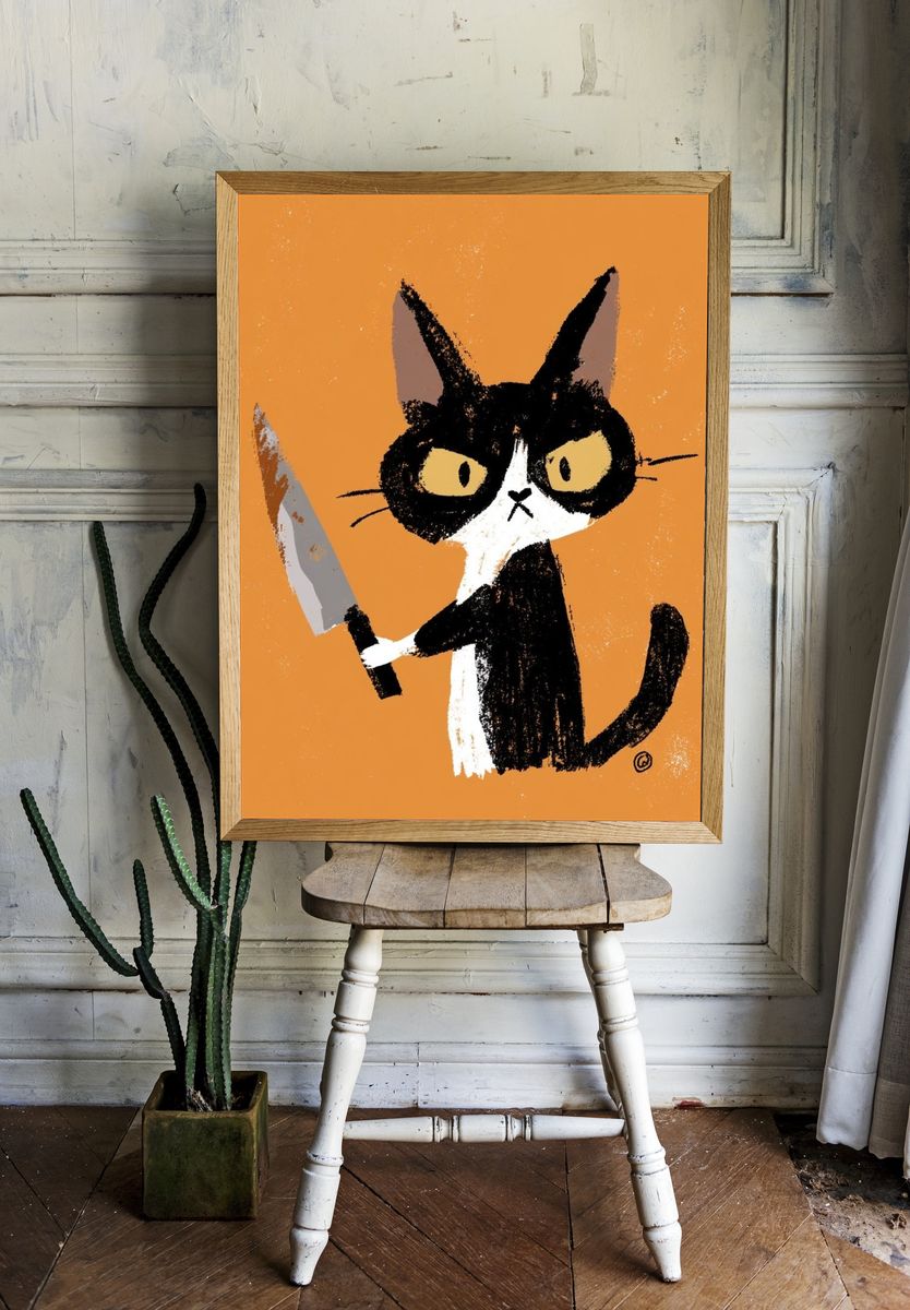 Grumpy Cat with Knife Illustration Poster. — room view 1
