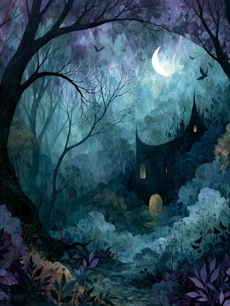 Moonlit Enchanted Forest Print. poster — illustration art