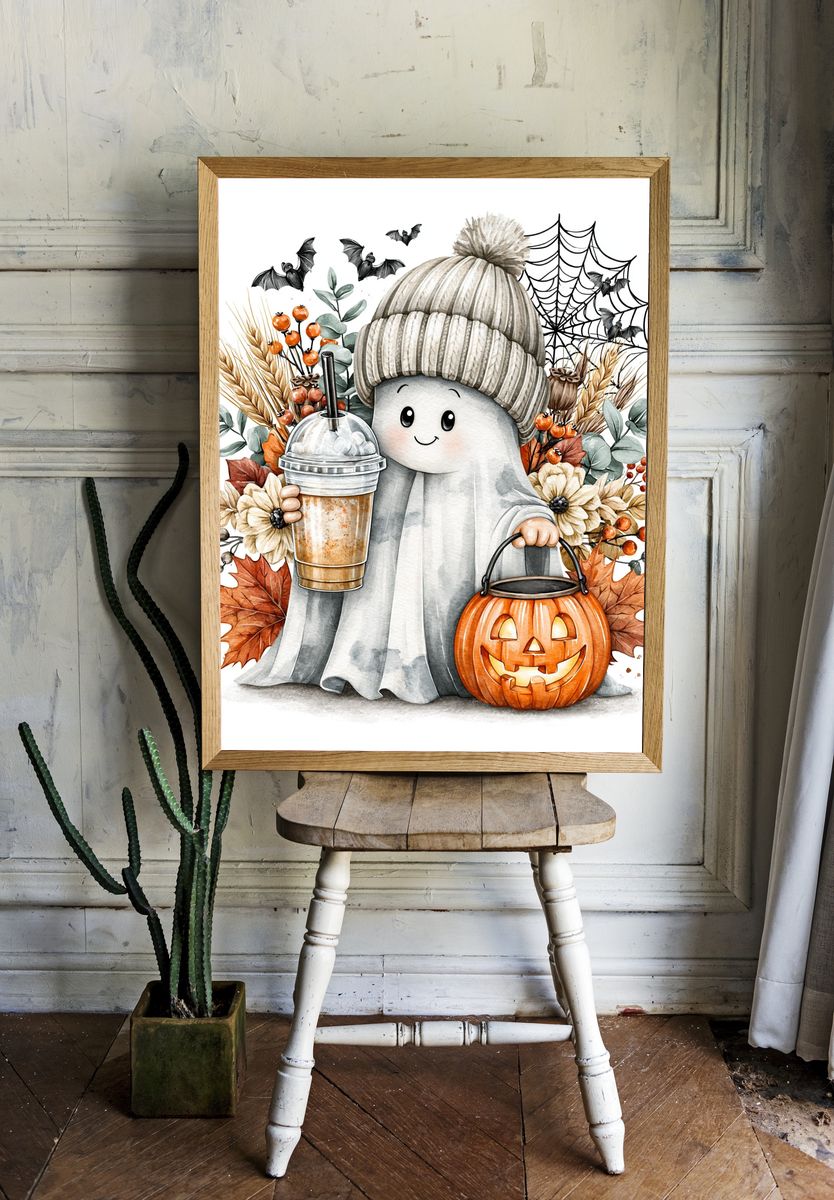 Cute Ghost Halloween Watercolor Poster. room preview