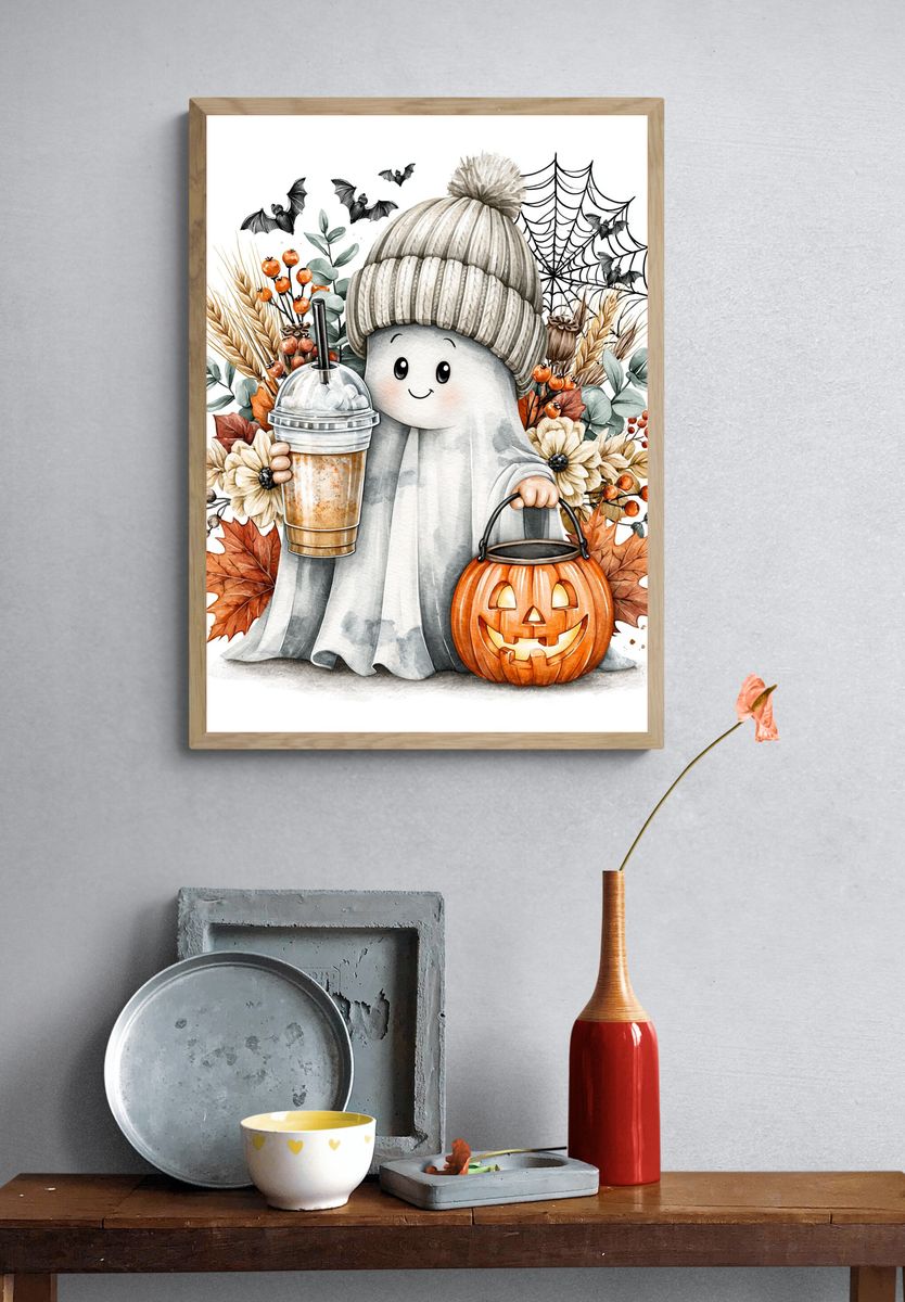 Cute Ghost Halloween Watercolor Poster. — room view 3