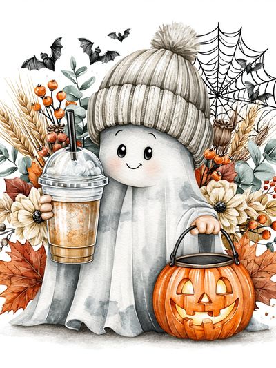 Cute Ghost Halloween Watercolor Poster.