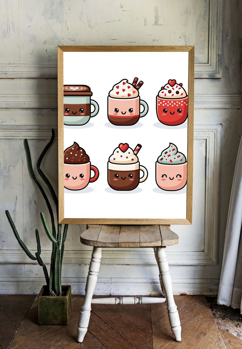 Cute Hot Chocolate Mugs Illustration Poster. — room view 1