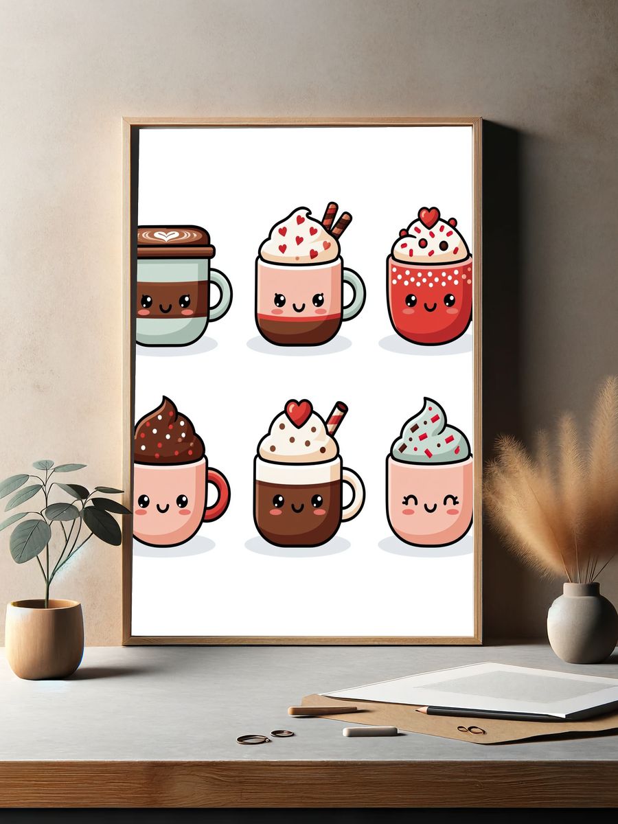 Cute Hot Chocolate Mugs Illustration Poster. — room view 2