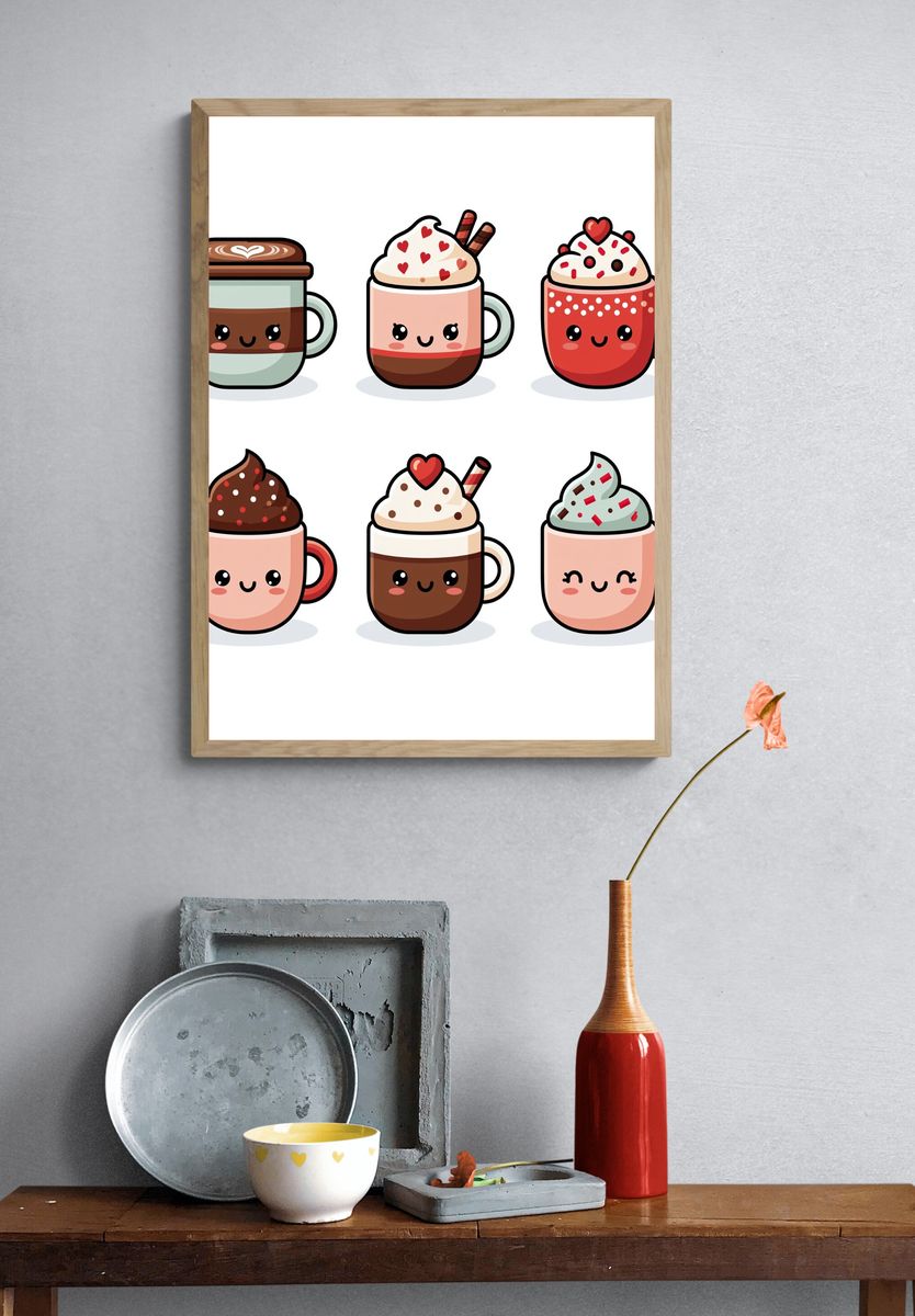 Cute Hot Chocolate Mugs Illustration Poster. — room view 3