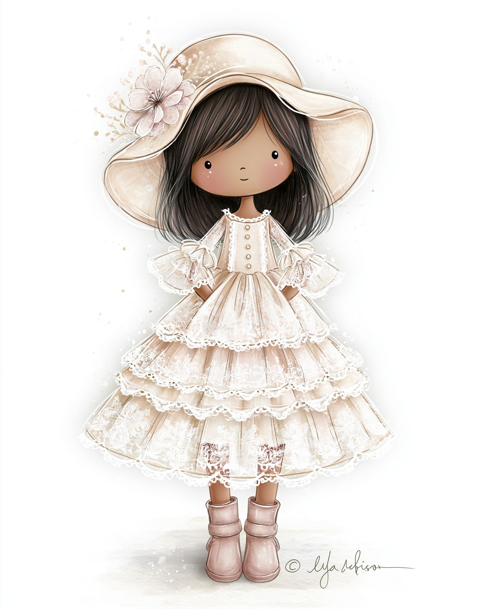 Boho Girl in Lace Dress Illustration Poster. poster — illustration art