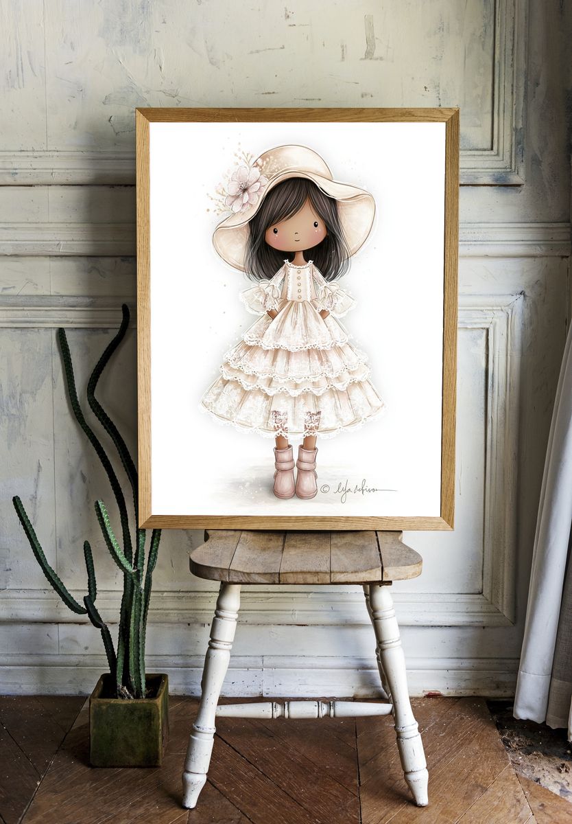 Boho Girl in Lace Dress Illustration Poster. room preview