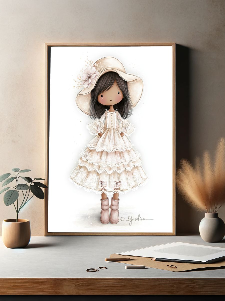 Boho Girl in Lace Dress Illustration Poster. — room view 2