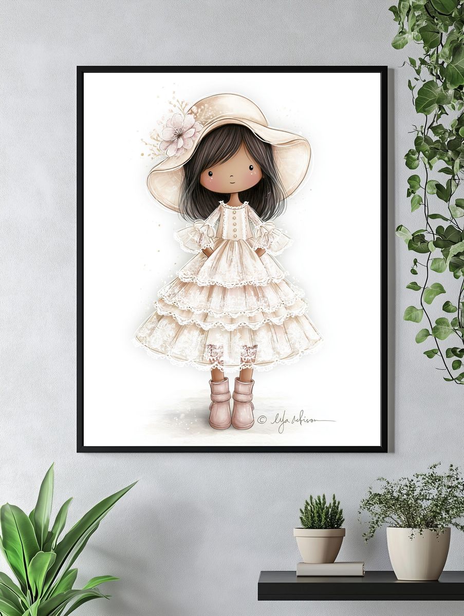 Boho Girl in Lace Dress Illustration Poster. — room view 4