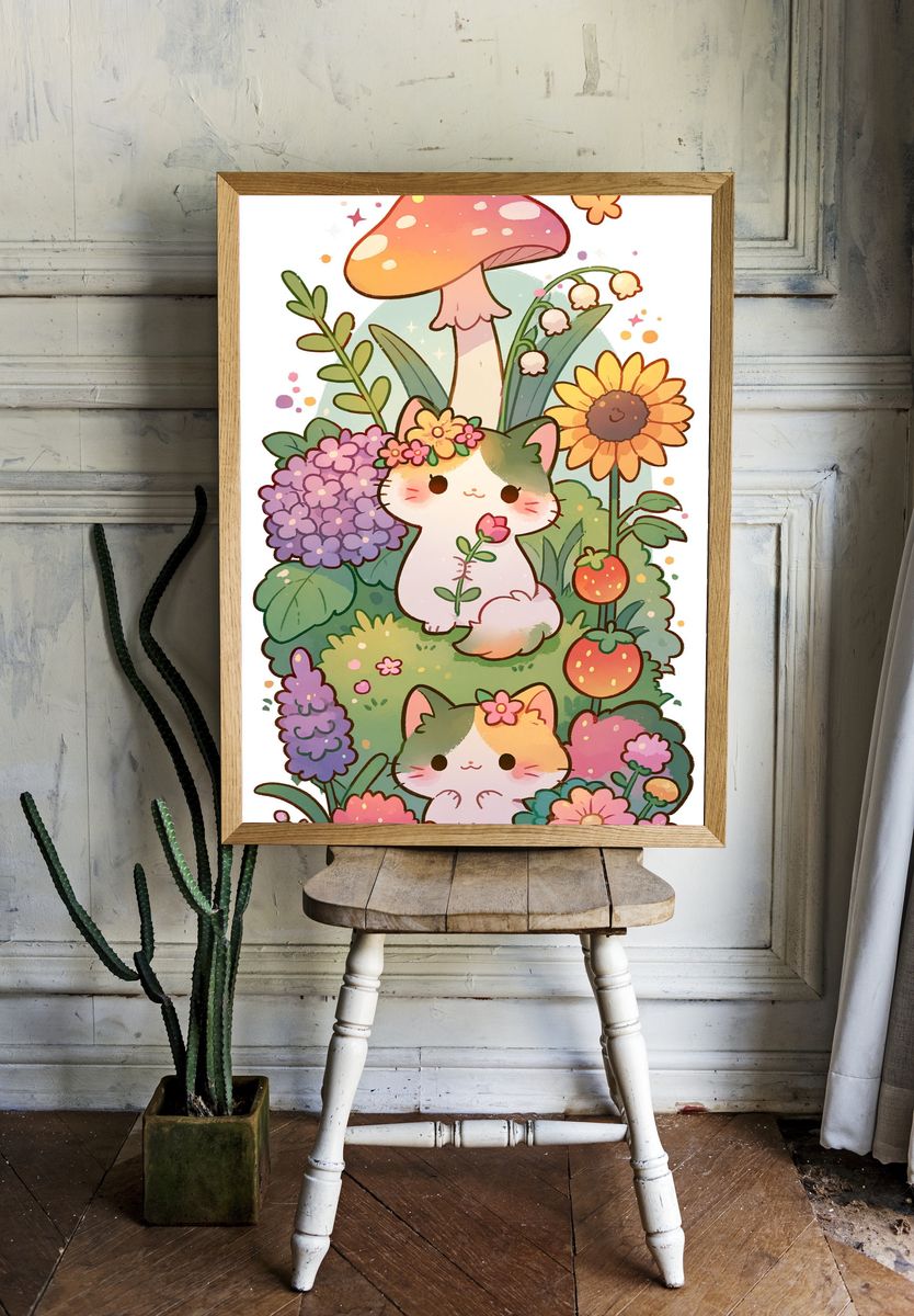 Kawaii Garden Cats Illustration Poster. — room view 1