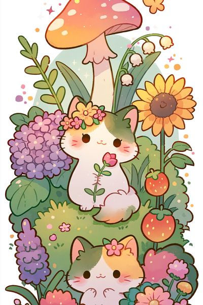Kawaii Garden Cats Illustration Poster. poster
