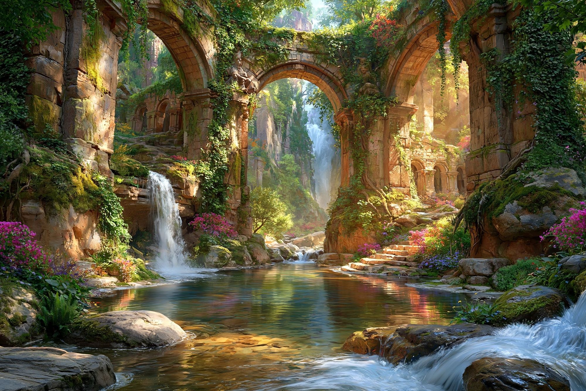 Enchanted Ruins Waterfall Print. poster detail