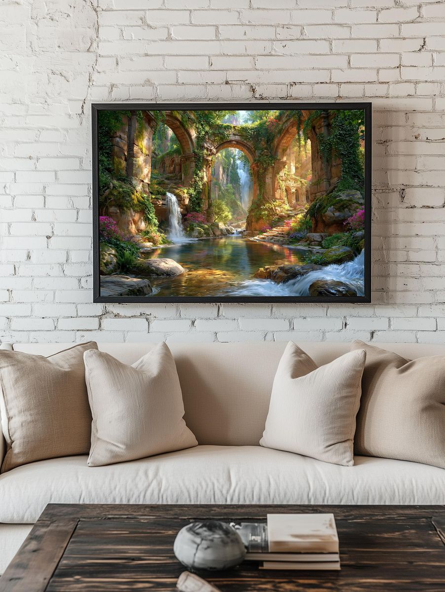 Enchanted Ruins Waterfall Print. — room view 1