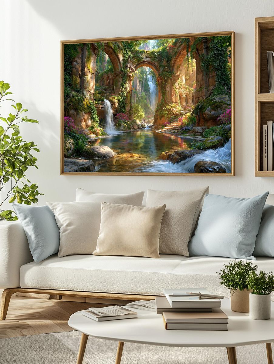 Enchanted Ruins Waterfall Print. — room view 2