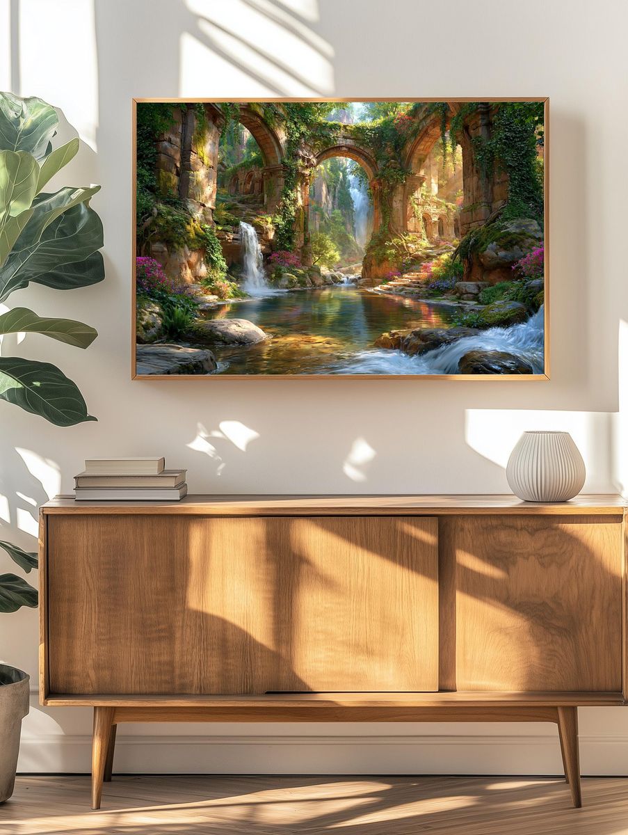 Enchanted Ruins Waterfall Print. — room view 3
